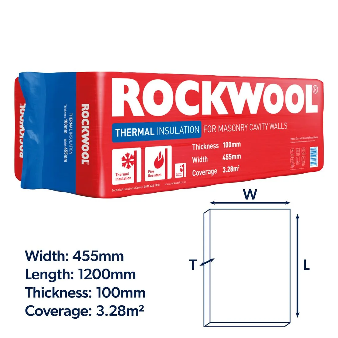 Rockwool Thermal Cavity Insulation 1200 x 455 x 100mm Pack 6 Covers 3.28m2