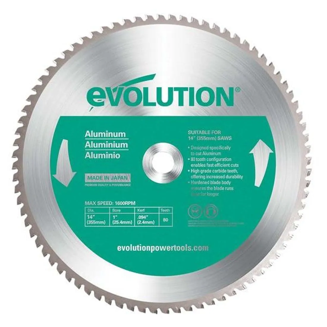 Evolution Aluminium Cutting Chop Saw Blade 355 x 25.4mm x 80T