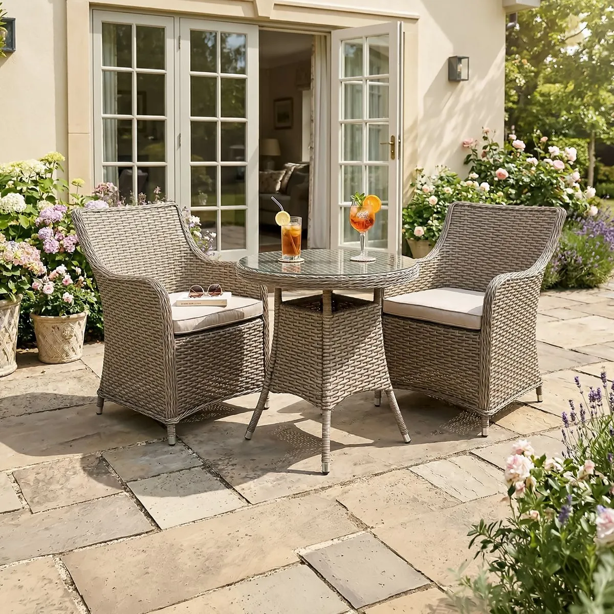 Dellonda Chester Rattan Wicker 3 Piece Outdoor Dining Set with Tempered Glass Tabletop