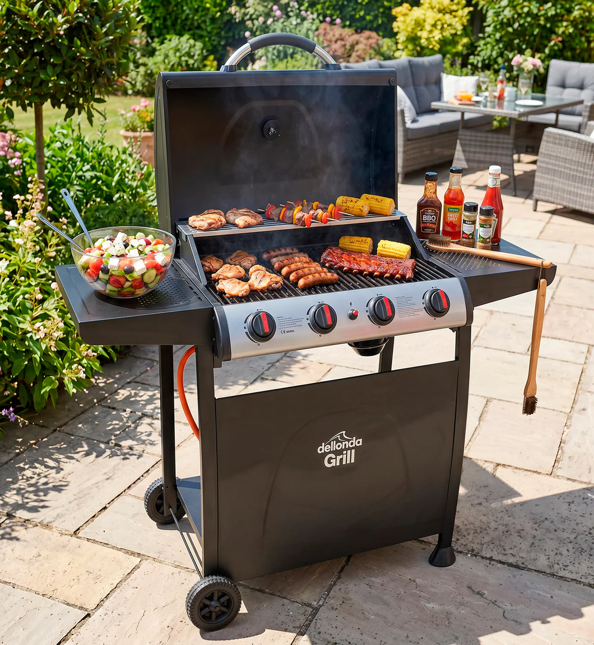 Gas BBQ Grill with Piezo Ignition & Thermometer