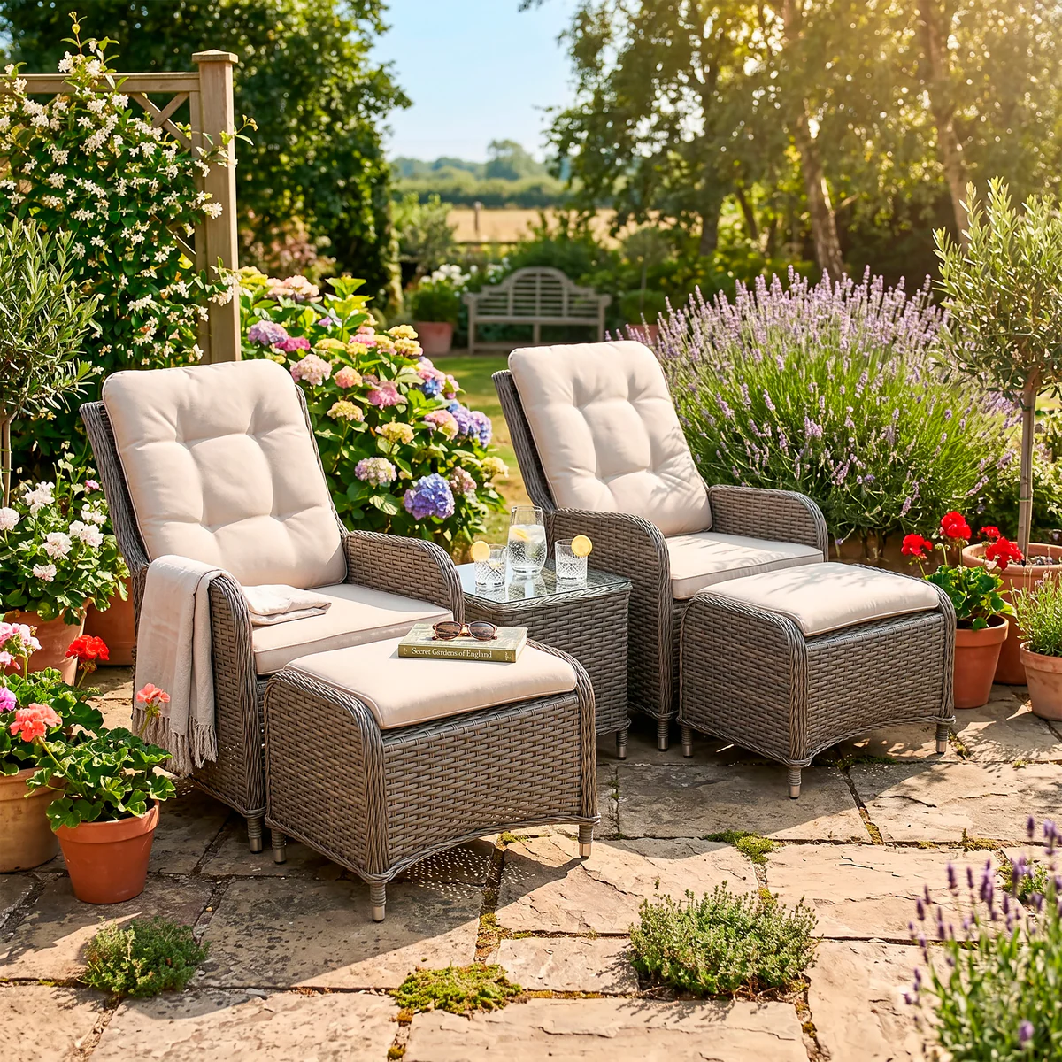 Dellonda Chester Rattan Wicker 5 Piece Outdoor Recliner Loungers & Table Set