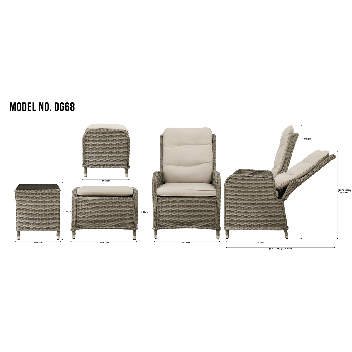 Dellonda Chester Rattan Wicker 5 Piece Outdoor Recliner Loungers & Table Set