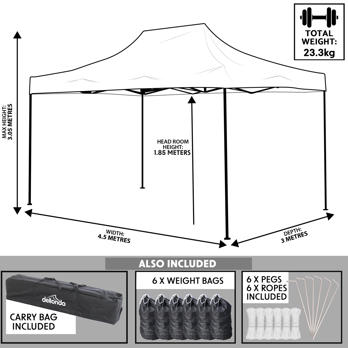 Dellonda Premium 3x4.5m Pop-Up Gazebo, Heavy Duty Water-Resistant Fabric, Carry Bag & Weights