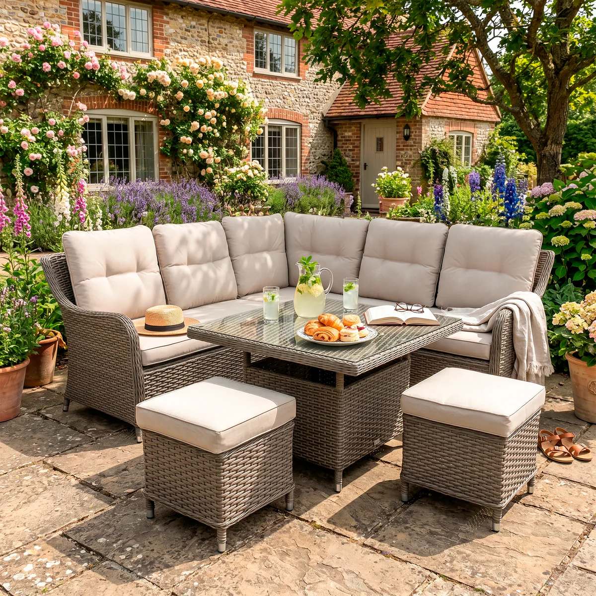 Dellonda Chester Rattan Wicker 5 Piece Outdoor 5-Seater Corner Sofa, Adjustable Table & Footstools