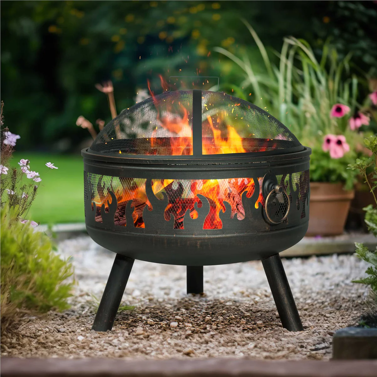 Dellonda Deluxe 61cm Fire Pit with Cooking Grill, Safety Screen & Poker
