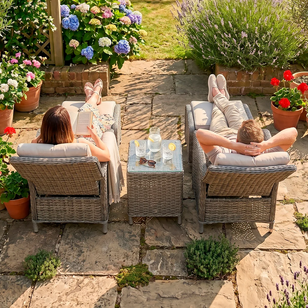 Dellonda Chester Rattan Wicker 5 Piece Outdoor Recliner Loungers & Table Set