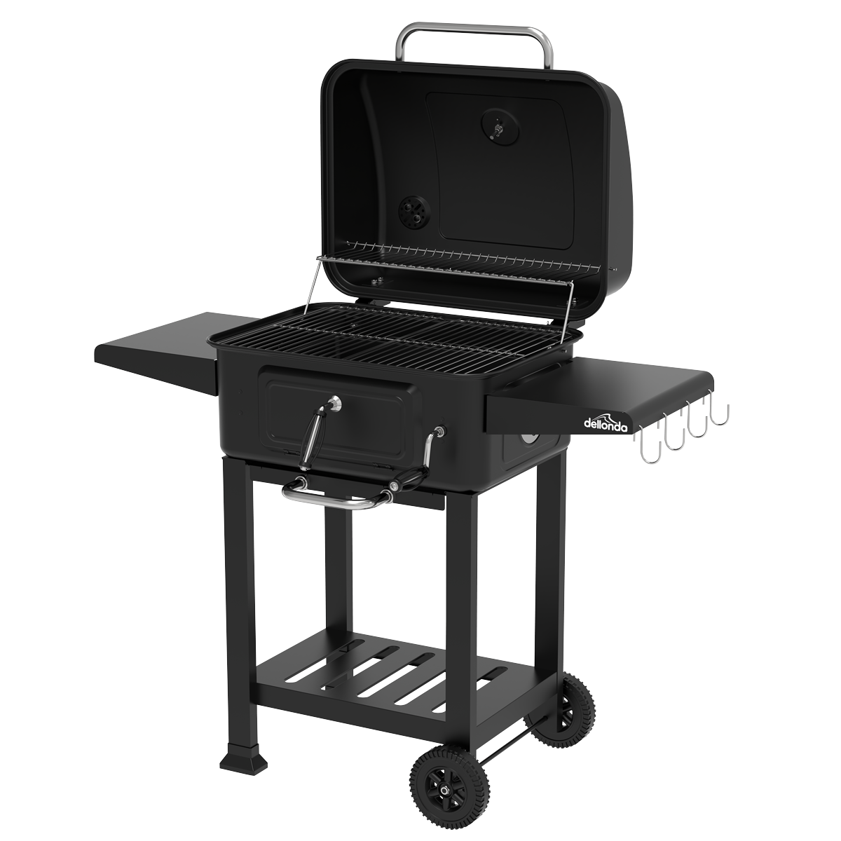 Dellonda Charcoal Grill BBQ Smoker & Trolley with 2 Side Shelves - Black