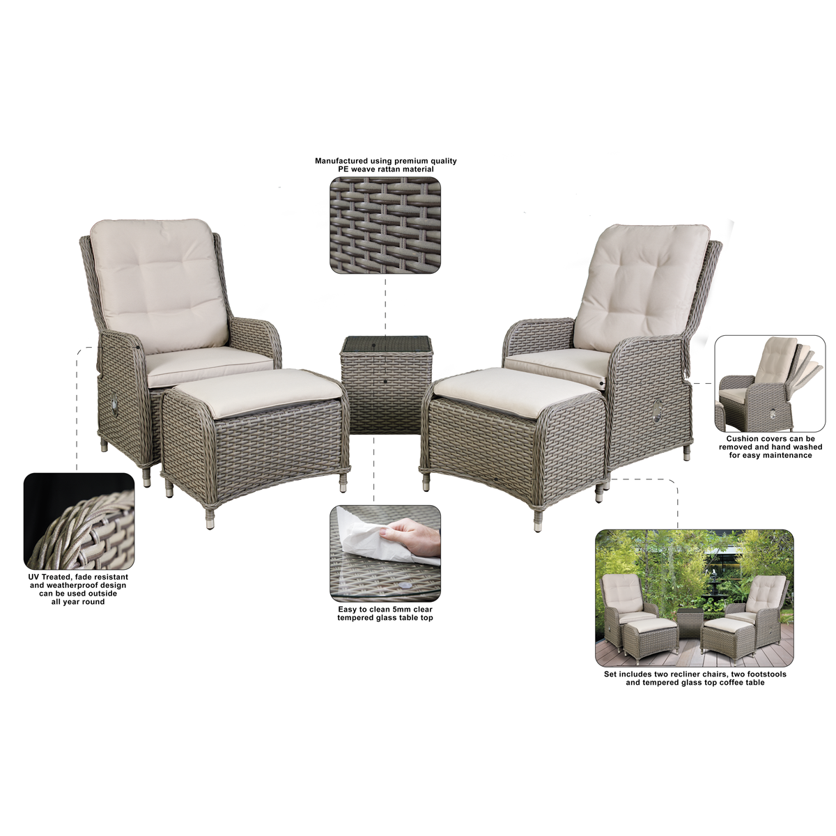 Dellonda Chester Rattan Wicker 5 Piece Outdoor Recliner Loungers & Table Set