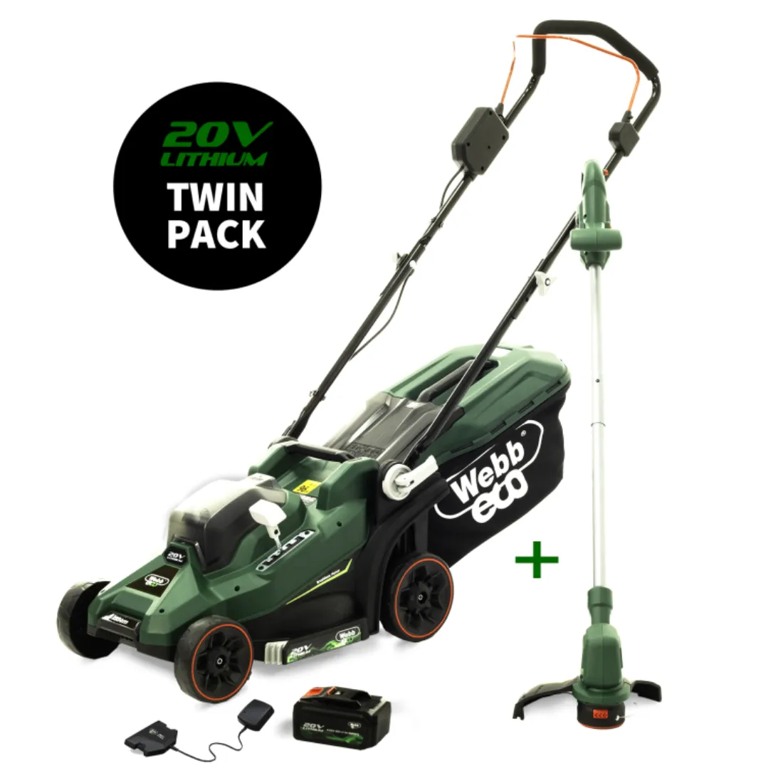 Webb Eco 20V 33cm Cordless Rotary Lawnmower & 25cm Line Trimmer inc 1 x 4Ah Battery & Charger