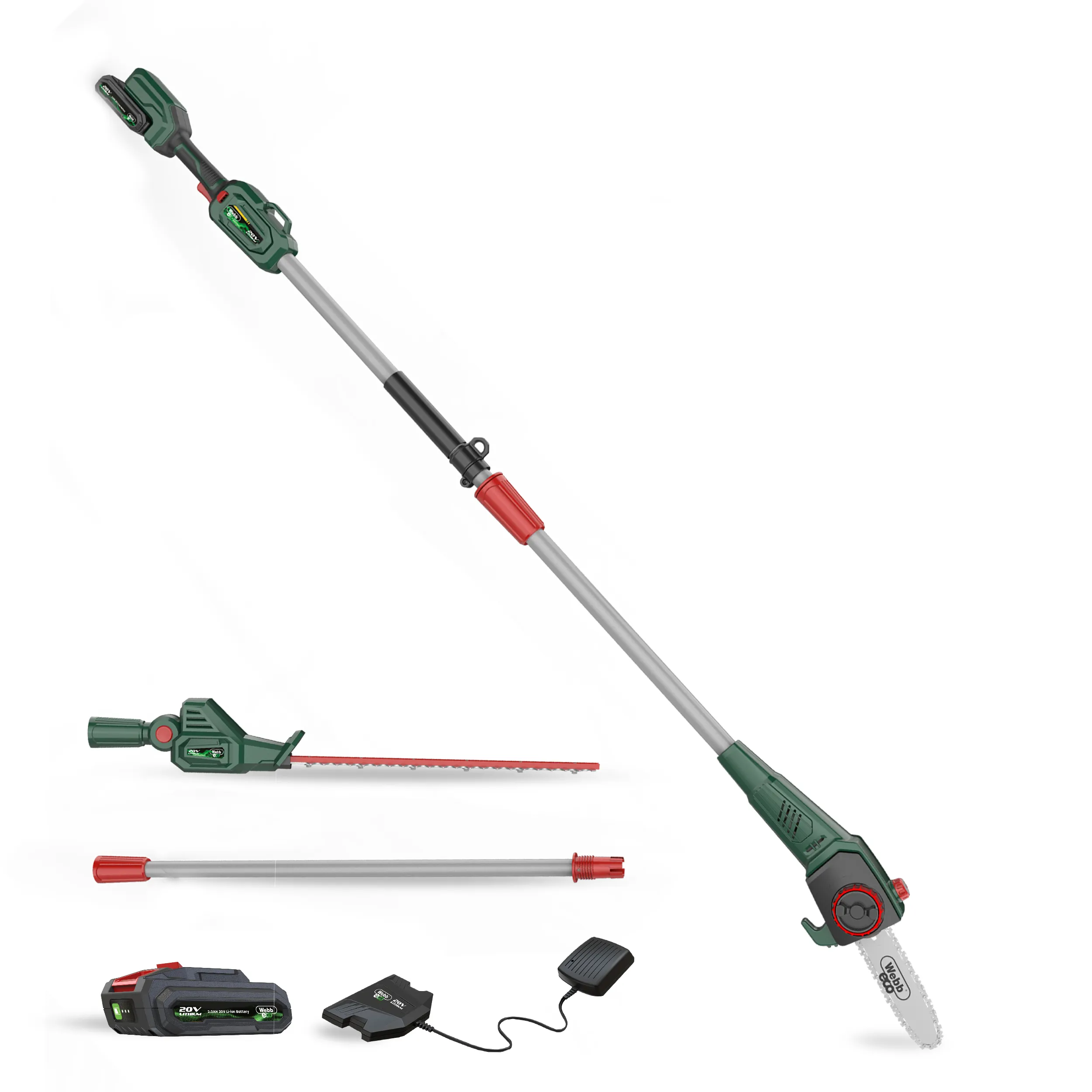 Eco 20V 50cm Cordless Long Reach Hedge Trimmer & 20cm Pruner inc 2Ah Battery & Charger