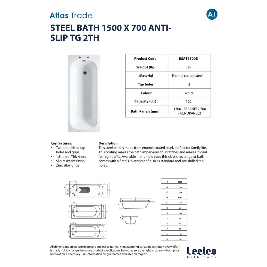 Lecico Atlas Anti-Slip Steel Bath With Grips 1500 x 700mm