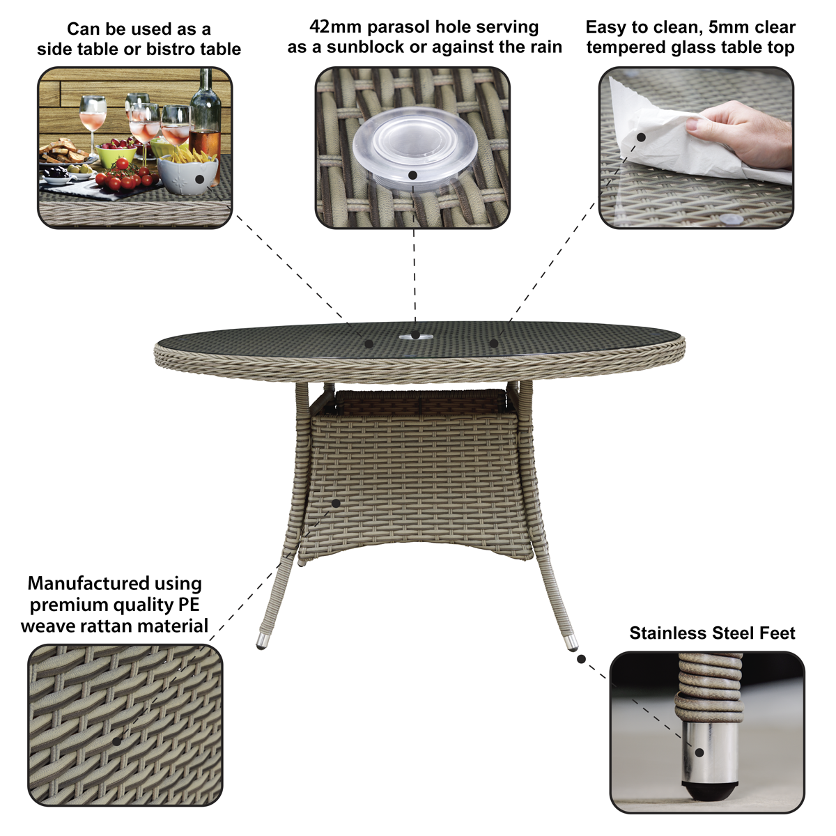 Dellonda Chester Rattan Wicker 135cm Round Outdoor Dining Table with Tempered Glass Top
