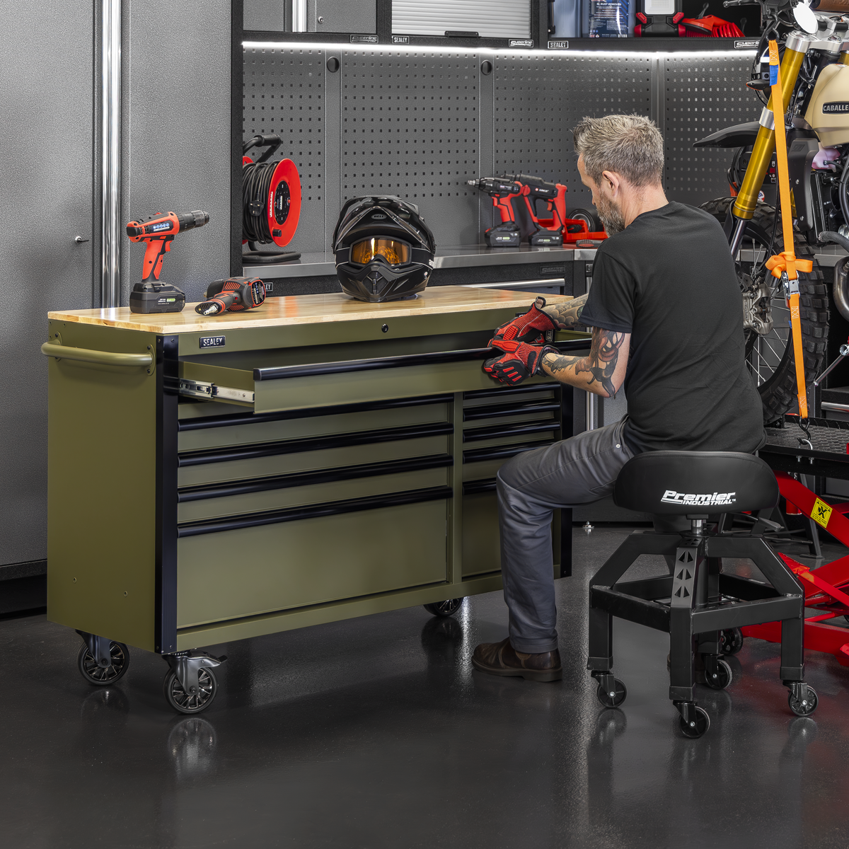 Superline PRO 10 Drawer Mobile Trolley with Wooden Worktop & Power Bar