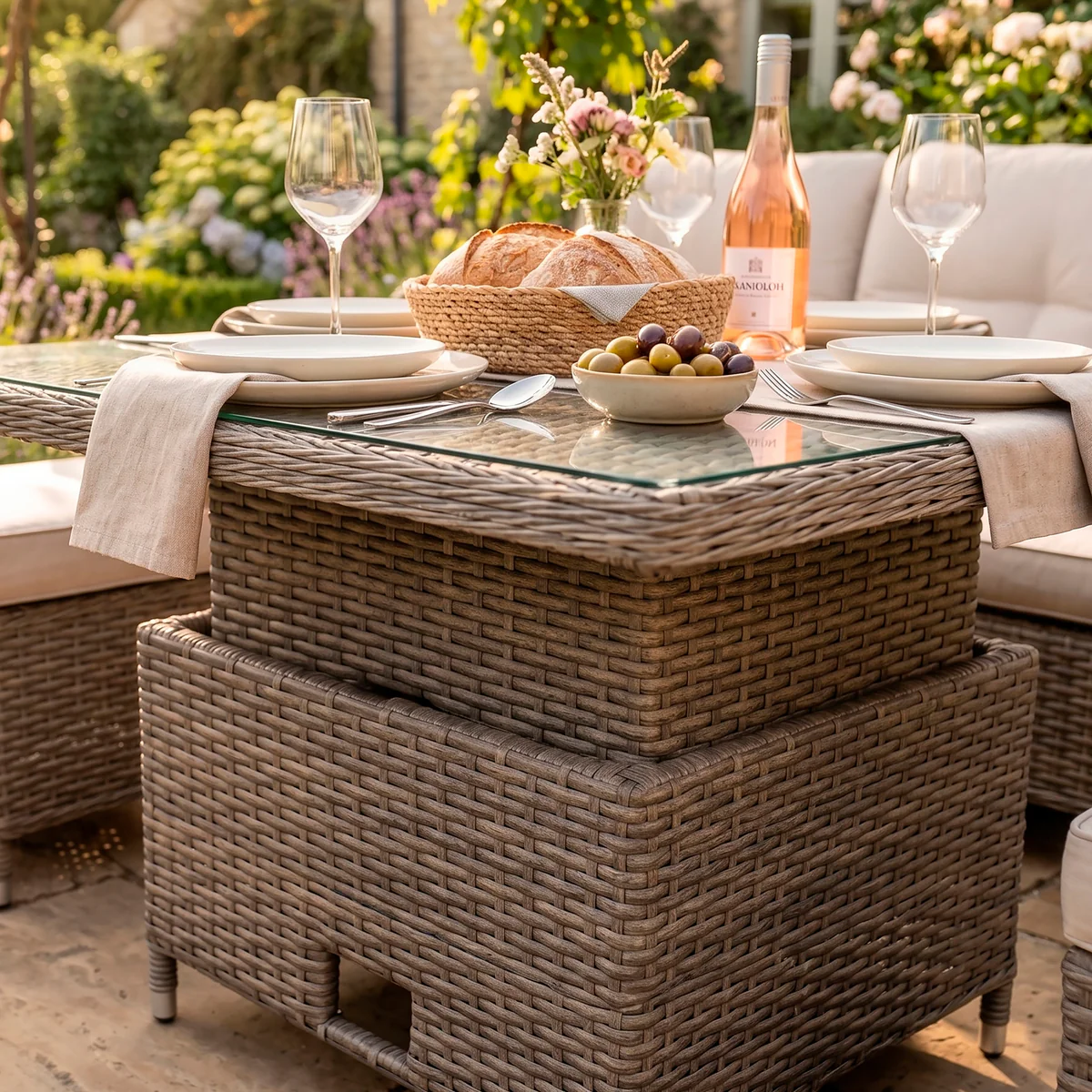 Dellonda Chester Rattan Wicker 5 Piece Outdoor 5-Seater Corner Sofa, Adjustable Table & Footstools