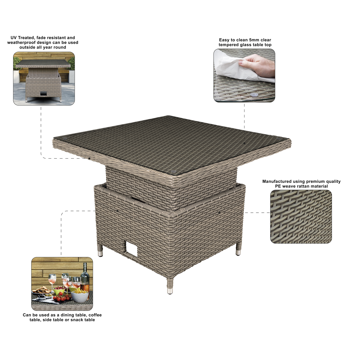 Dellonda Chester Rattan Wicker Adjustable-Height Outdoor Dining Table