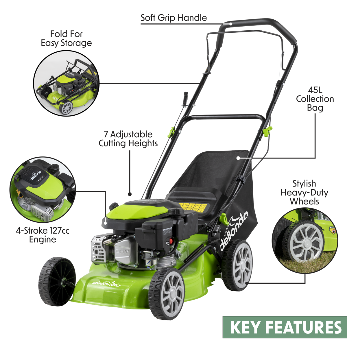 Dellonda Hand-Propelled Petrol Lawnmower Grass Cutter, 127cc 16"/41cm 4-Stroke