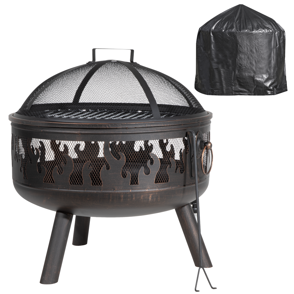 Dellonda Deluxe 61cm Fire Pit with Cooking Grill, Safety Screen, Poker & Cover