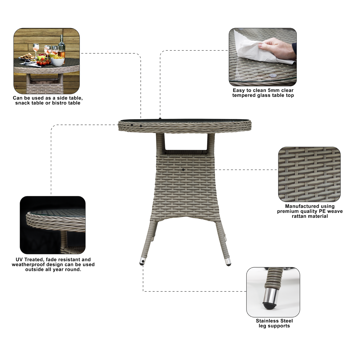 Dellonda Chester Rattan Wicker Round 70cm Outdoor Table with Tempered Glass Top