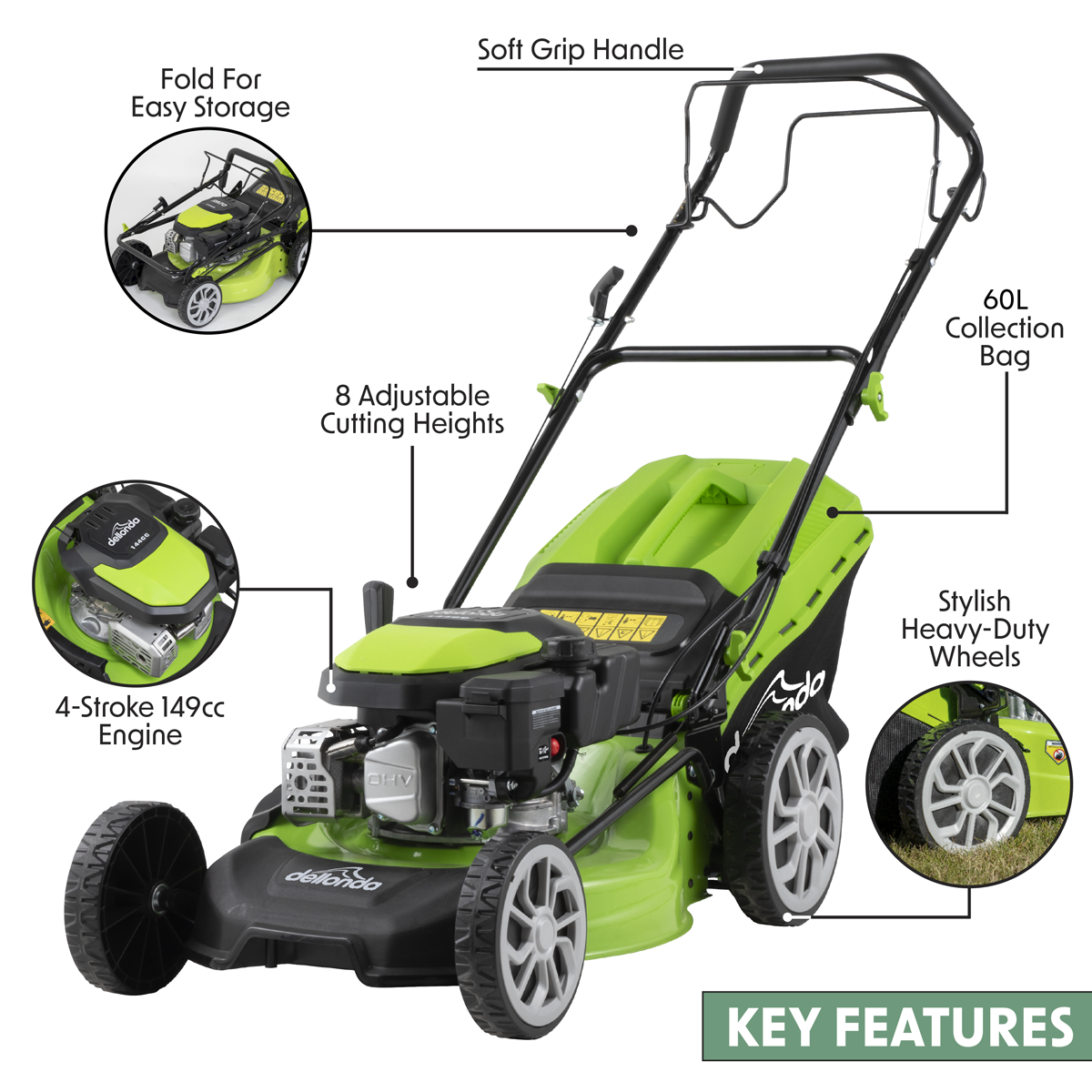 Dellonda Self-Propelled Petrol Lawnmower with Grass Bag 4-Stroke Engine