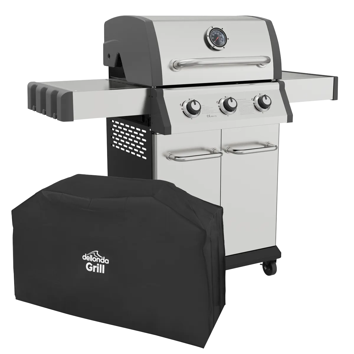 Dellonda 3 Burner Deluxe Gas BBQ Grill with Piezo Ignition & Thermometer & Cover - Stainless Steel