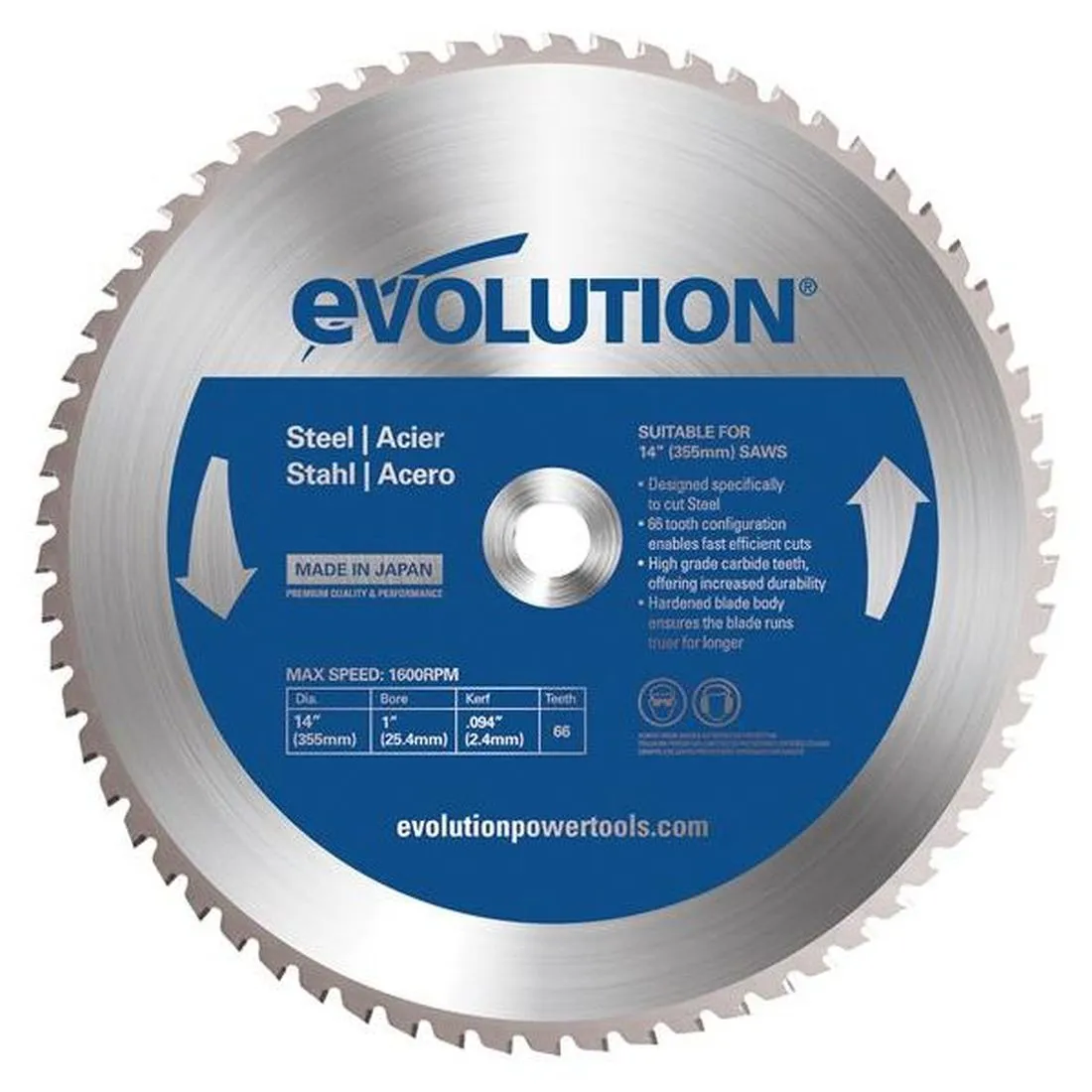 Evolution Mild Steel Cutting Chop Saw Blade 355 x 25.4mm x 66T