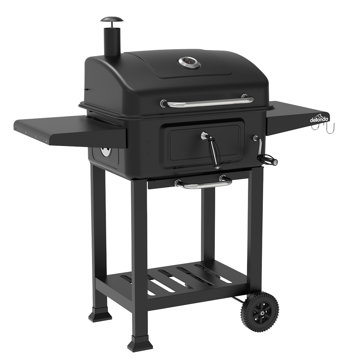 Dellonda Charcoal Grill BBQ Smoker & Trolley with 2 Side Shelves - Black