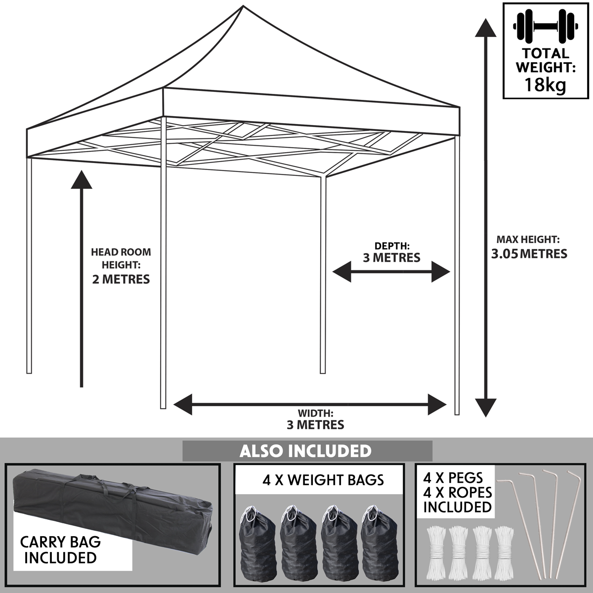 Dellonda Premium 3 x 3m Pop-Up Gazebo, Water-Resistant Fabric, with Carry Bag & Weight Bags