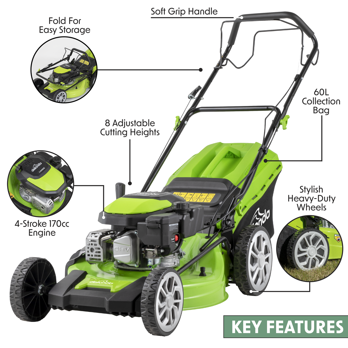Dellonda Self-Propelled Petrol Lawnmower with Grass Bag 4-Stroke Engine