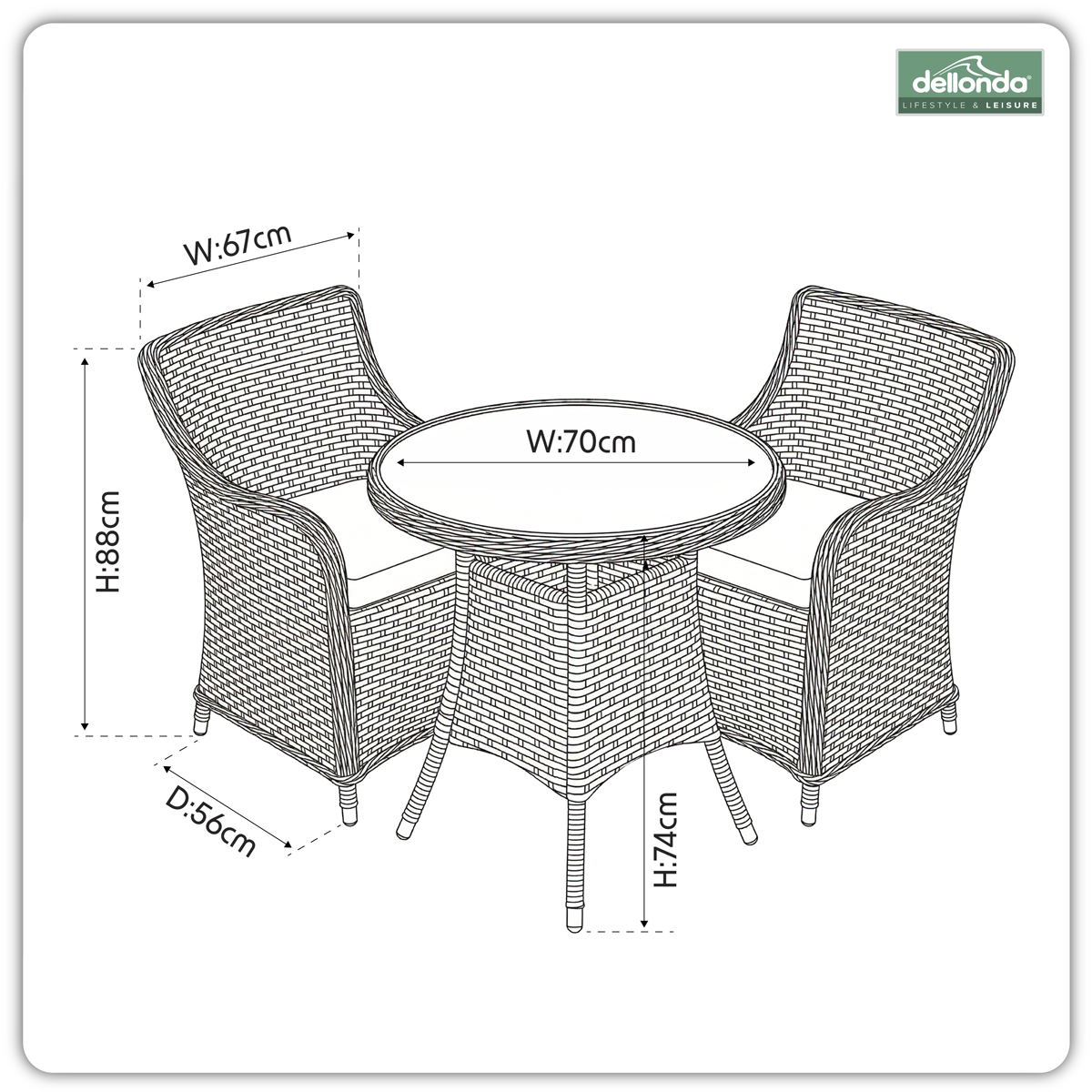 Dellonda Chester Rattan Wicker 3 Piece Outdoor Dining Set with Tempered Glass Tabletop
